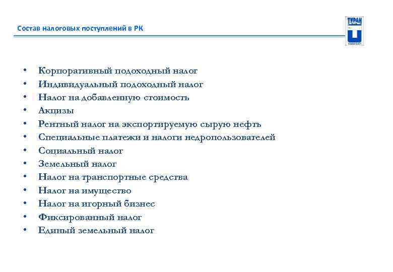 Состав налоговых поступлений в РК • • • • Корпоративный подоходный налог Индивидуальный подоходный