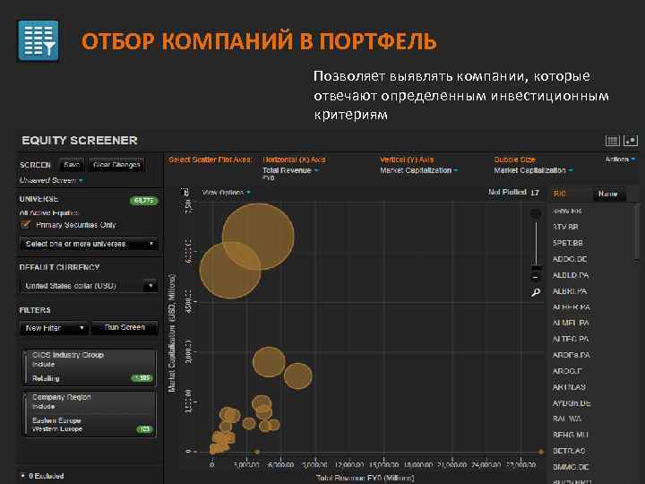 ОТБОР КОМПАНИЙ В ПОРТФЕЛЬ Позволяет выявлять компании, которые отвечают определенным инвестиционным критериям 
