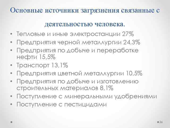 Основные источники загрязнения связанные с деятельностью человека. • Тепловые и иные электростанции 27% •