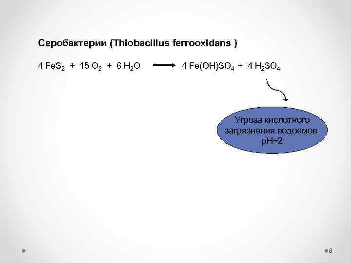 Серобактерии (Thiobacillus ferrooxidans ) 4 Fe. S 2 + 15 O 2 + 6