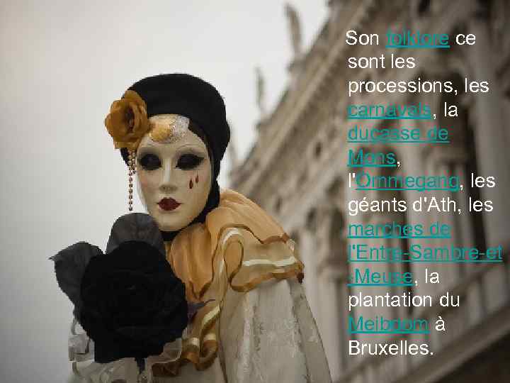  Son folklore ce sont les processions, les carnavals, la ducasse de Mons, l'Ommegang,