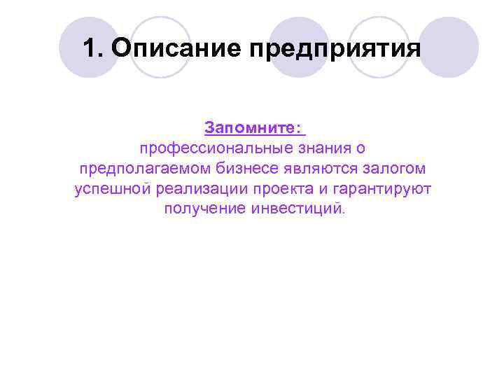 1. Описание предприятия Запомните: профессиональные знания о предполагаемом бизнесе являются залогом успешной реализации проекта