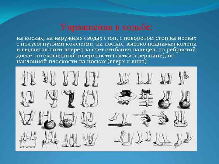Упражнения в ходьбе: на носках, на наружных сводах стоп, с поворотом стоп на носках