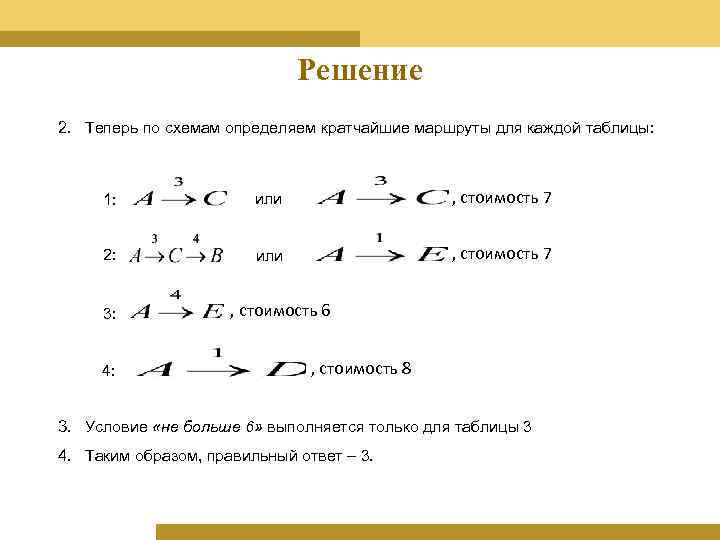 Решение 2. Теперь по схемам определяем кратчайшие маршруты для каждой таблицы: 1: или ,