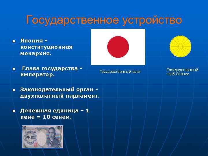 Государственное устройство n n Япония конституционная монархия. Глава государства император. Государственный флаг Законодательный орган