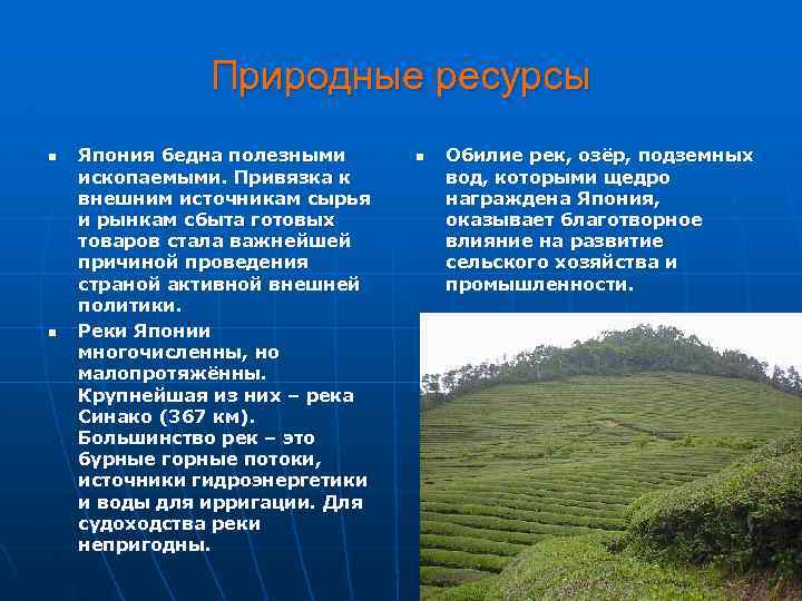 Природные ресурсы n n Япония бедна полезными ископаемыми. Привязка к внешним источникам сырья и