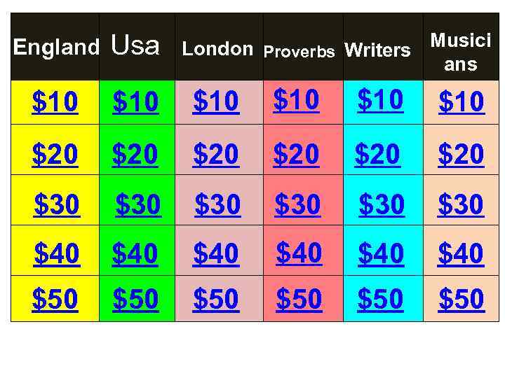 London Proverbs Writers Musici ans England Usa $10 $10 $10 $20 $20 $20 $30