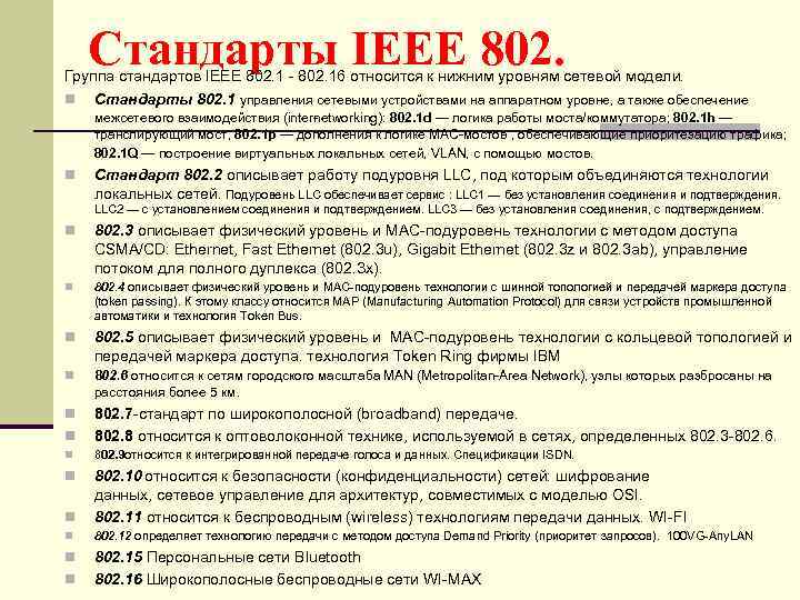 Стандарты IEEE 802. Группа стандартов IEEE 802. 16 относится к нижним уровням сетевой модели.