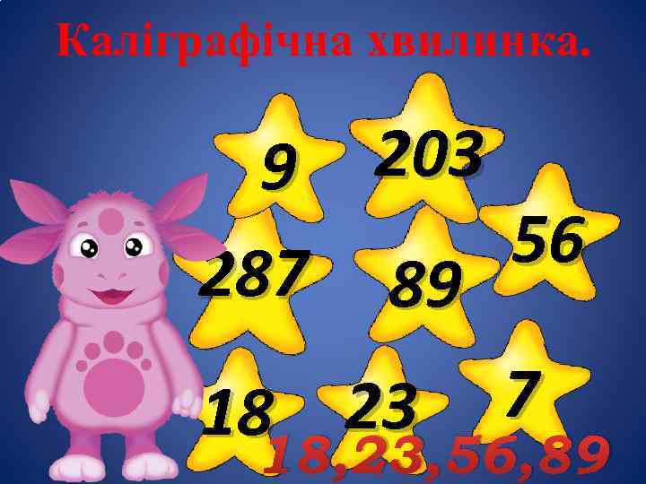 Каліграфічна хвилинка. 9 203 56 287 89 23 7 18 18, 23, 56, 89