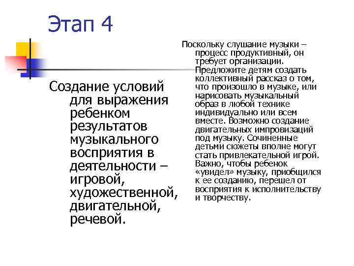 Этап 4 Поскольку слушание музыки – процесс продуктивный, он требует организации. Предложите детям создать