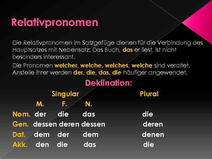 Relativpronomen Die Relativpronomen im Satzgefüge dienen für die Verbindung des Hauptsatzes mit Nebensatz: Das