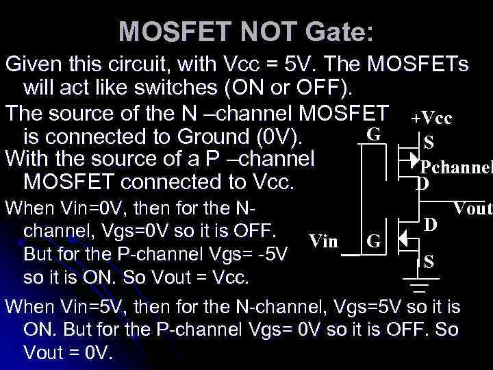 MOSFET NOT Gate: Given this circuit, with Vcc = 5 V. The MOSFETs will