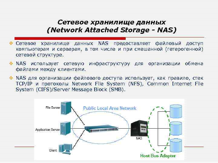 Сетевое хранилище данных (Network Attached Storage - NAS) v Сетевое хранилище данных NAS предоставляет