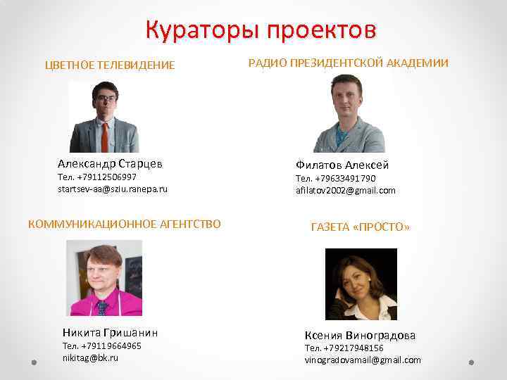 Кураторы проектов ЦВЕТНОЕ ТЕЛЕВИДЕНИЕ Александр Старцев Тел. +79112506997 startsev-aa@sziu. ranepa. ru КОММУНИКАЦИОННОЕ АГЕНТСТВО Никита