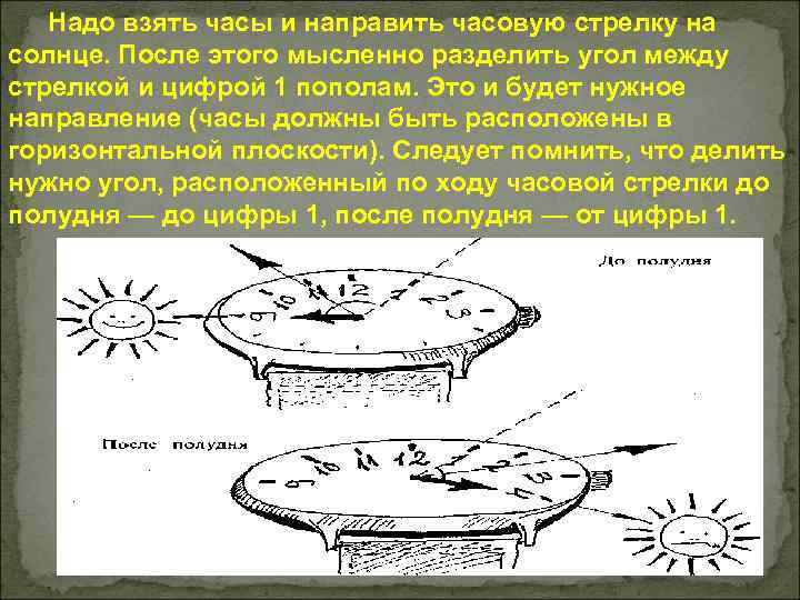 Надо взять часы и направить часовую стрелку на солнце. После этого мысленно разделить угол