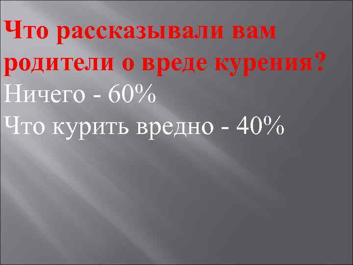 Что рассказывали вам родители о вреде курения? Ничего - 60% Что курить вредно -