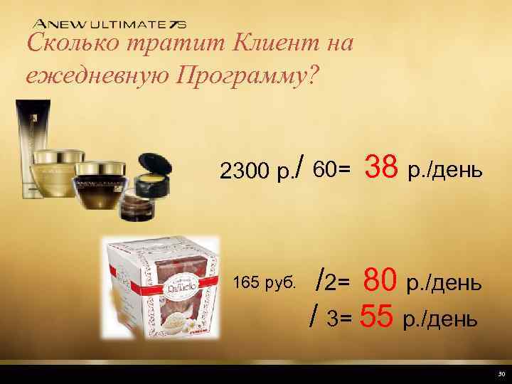 Сколько тратит Клиент на ежедневную Программу? 2300 р. / 60= 165 руб. 38 р.