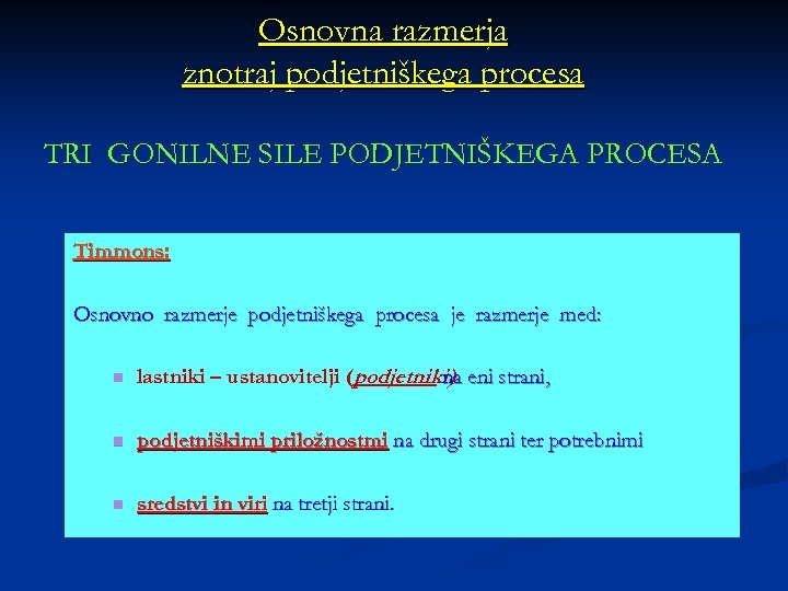 Osnovna razmerja znotraj podjetniškega procesa TRI GONILNE SILE PODJETNIŠKEGA PROCESA Timmons: Osnovno razmerje podjetniškega