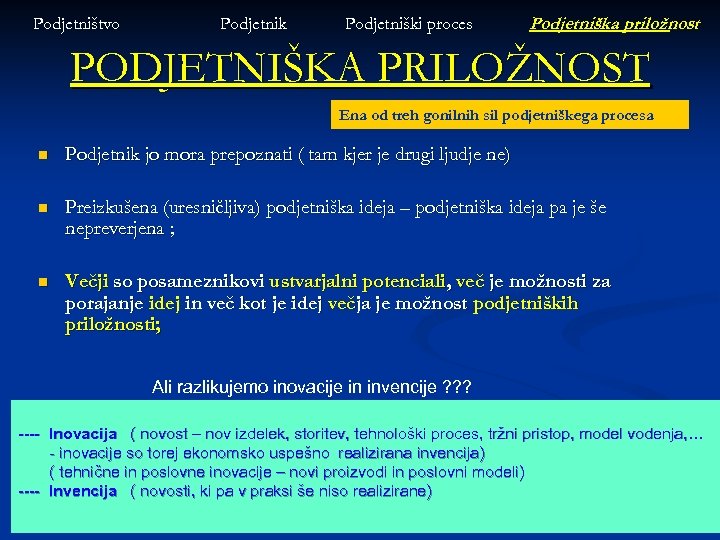 Podjetništvo Podjetnik Podjetniški proces Podjetniška priložnost PODJETNIŠKA PRILOŽNOST Ena od treh gonilnih sil podjetniškega