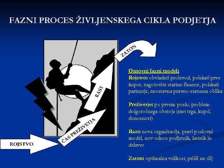 FAZNI PROCES ŽIVLJENSKEGA CIKLA PODJETJA Osnovni fazni model: Rojstvo: obvladati proizvod, poiskati prve kupce,
