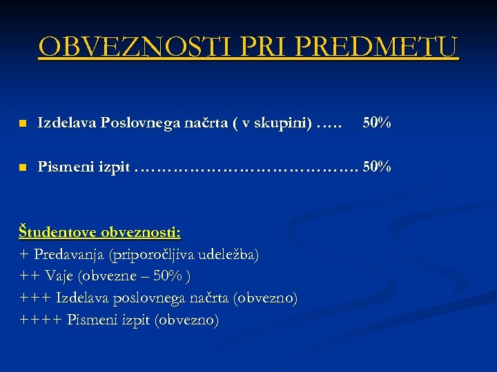 OBVEZNOSTI PREDMETU n Izdelava Poslovnega načrta ( v skupini) …. . n Pismeni izpit