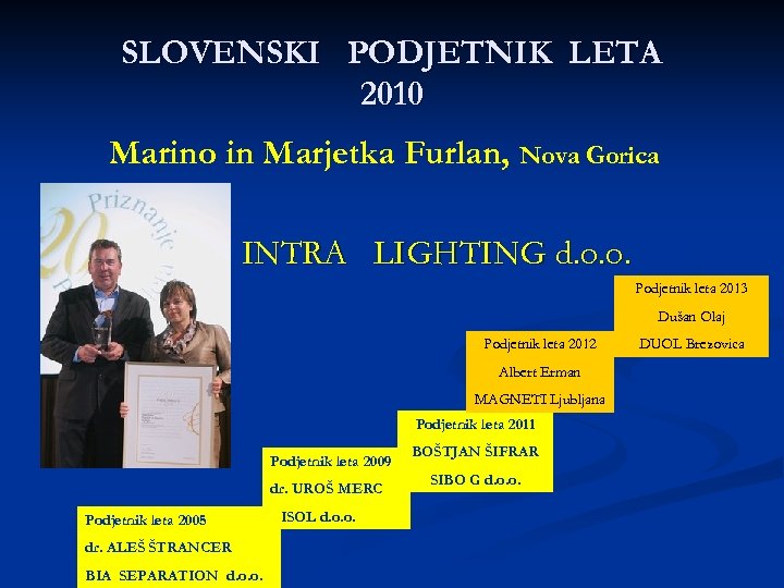 SLOVENSKI PODJETNIK LETA 2010 Marino in Marjetka Furlan, Nova Gorica INTRA LIGHTING d. o.