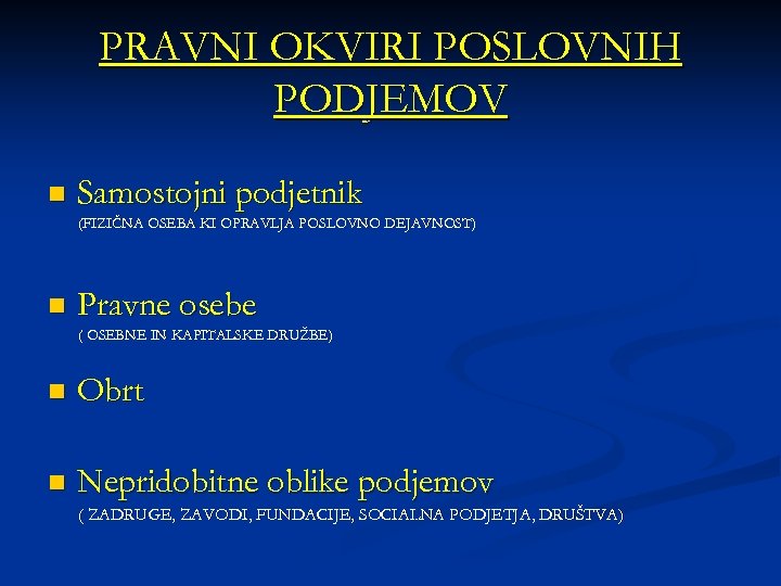 PRAVNI OKVIRI POSLOVNIH PODJEMOV n Samostojni podjetnik (FIZIČNA OSEBA KI OPRAVLJA POSLOVNO DEJAVNOST) n