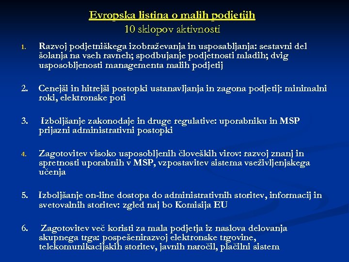 Evropska listina o malih podjetjih 10 sklopov aktivnosti 1. Razvoj podjetniškega izobraževanja in usposabljanja: