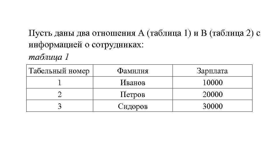 Пусть даны два отношения А (таблица 1) и В (таблица 2) с информацией о