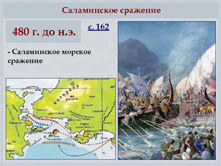 Опишите по рисунку бой в саламинском проливе военные корабли греков и персов как происходило