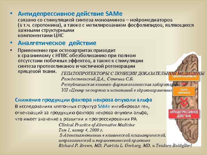  • Антидепрессивное действие SAMe связано со стимуляцией синтеза моноаминов – нейромедиаторов (в т.