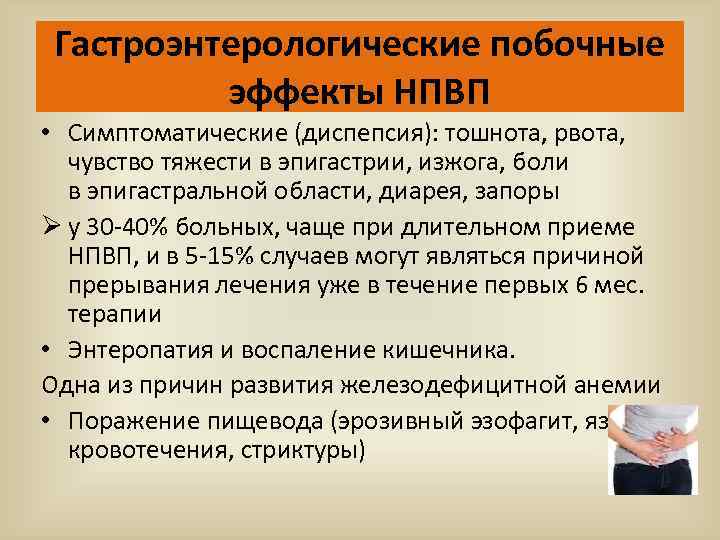 Гастроэнтерологические побочные эффекты НПВП • Симптоматические (диспепсия): тошнота, рвота, чувство тяжести в эпигастрии, изжога,