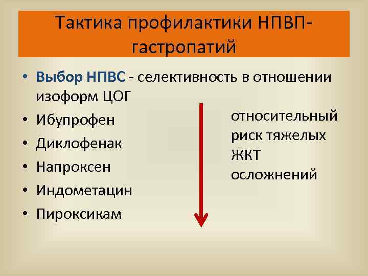 Тактика профилактики НПВПгастропатий • Выбор НПВС - селективность в отношении изоформ ЦОГ относительный •