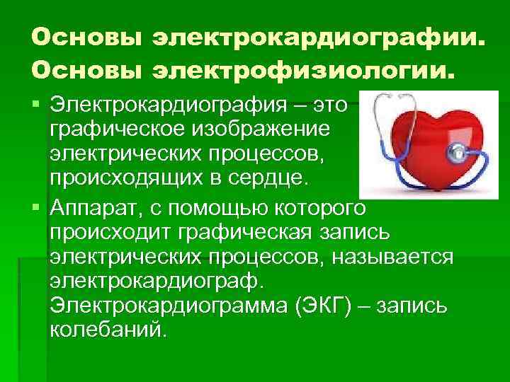 Основы электрокардиографии. Основы электрофизиологии. § Электрокардиография – это графическое изображение электрических процессов, происходящих в