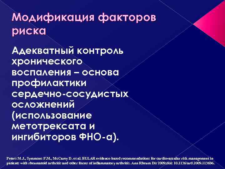 Модификация факторов риска Адекватный контроль хронического воспаления – основа профилактики сердечно-сосудистых осложнений (использование метотрексата
