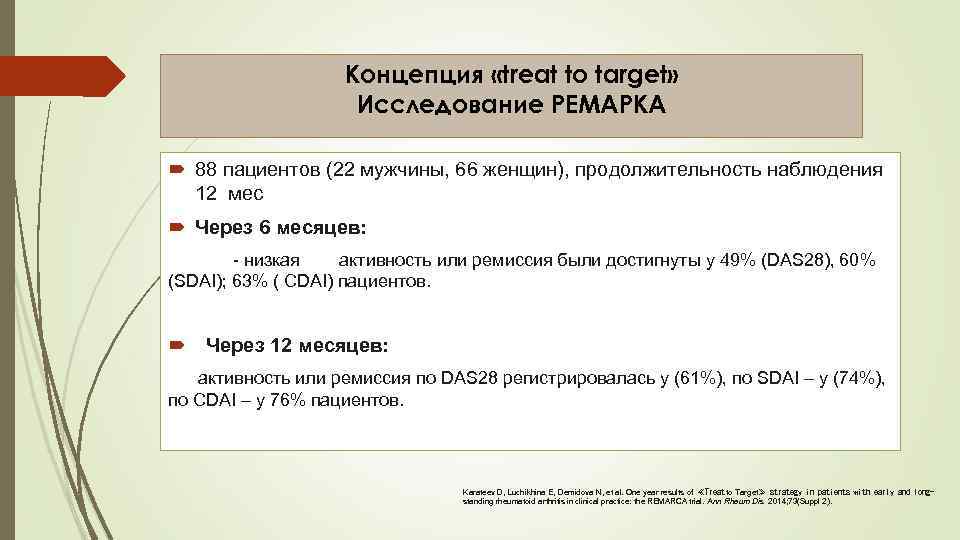 Концепция «treat to target» Исследование РЕМАРКА 88 пациентов (22 мужчины, 66 женщин), продолжительность наблюдения