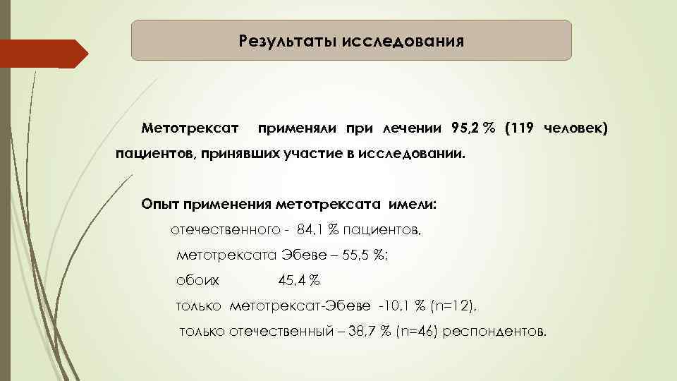 Результаты исследования Метотрексат применяли при лечении 95, 2 % (119 человек) пациентов, принявших участие