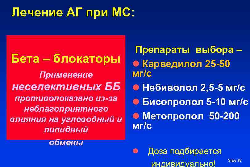 Лечение АГ при МС: Бета – блокаторы Применение неселективных ББ противопоказано из-за неблагоприятного влияния