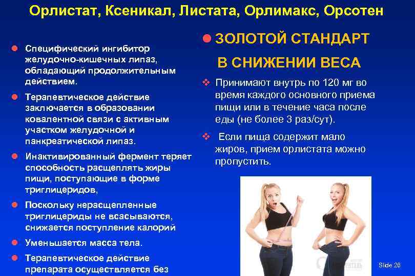 Орлистат, Ксеникал, Листата, Орлимакс, Орсотен l Специфический ингибитор желудочно-кишечных липаз, обладающий продолжительным действием. l