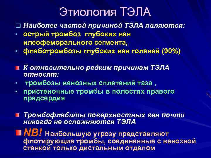 Этиология ТЭЛА q Наиболее частой причиной ТЭЛА являются: • острый тромбоз глубоких вен илеофеморального