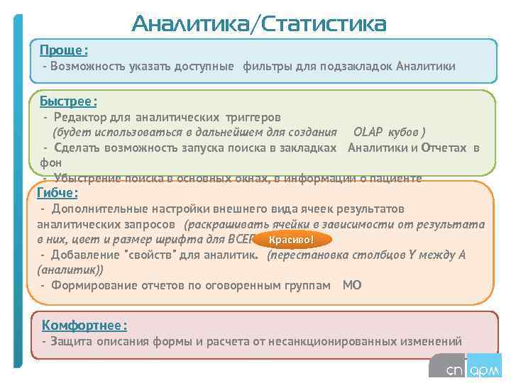 Аналитика/Статистика Проще: - Возможность указать доступные фильтры для подзакладок Аналитики Быстрее: - Редактор для