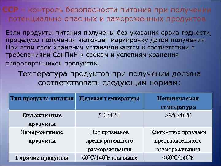 ССР – контроль безопасности питания при получении потенциально опасных и замороженных продуктов Если продукты