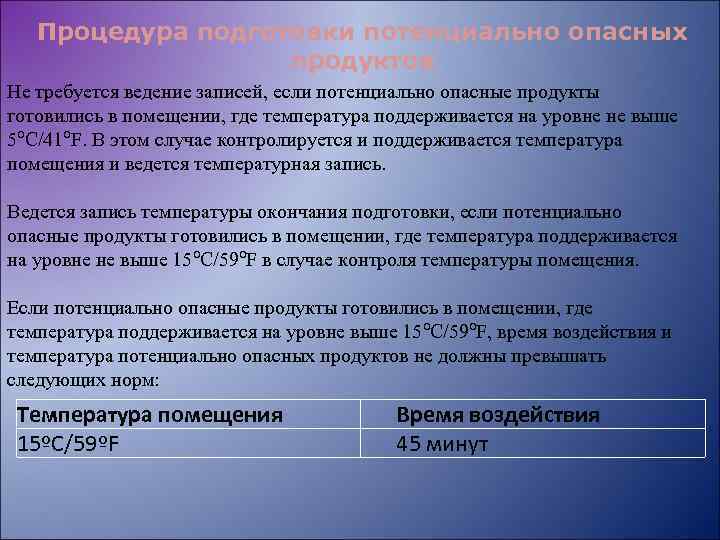 Процедура подготовки потенциально опасных продуктов Не требуется ведение записей, если потенциально опасные продукты готовились