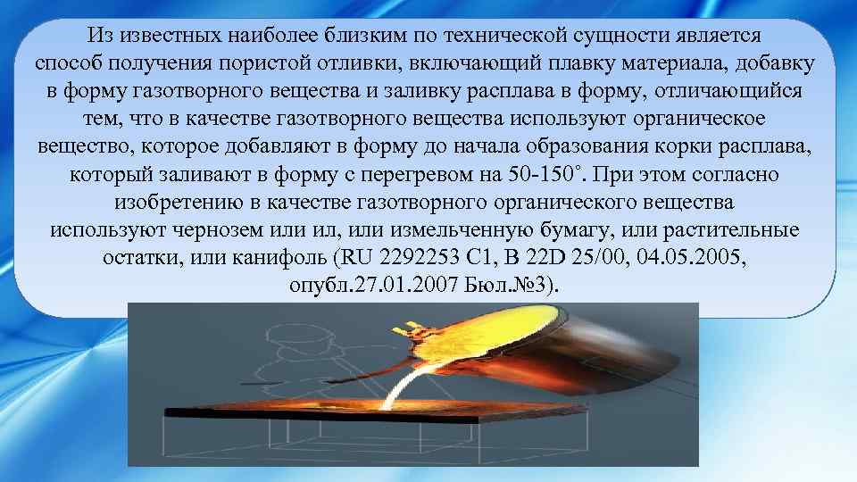 Из известных наиболее близким по технической сущности является способ получения пористой отливки, включающий плавку