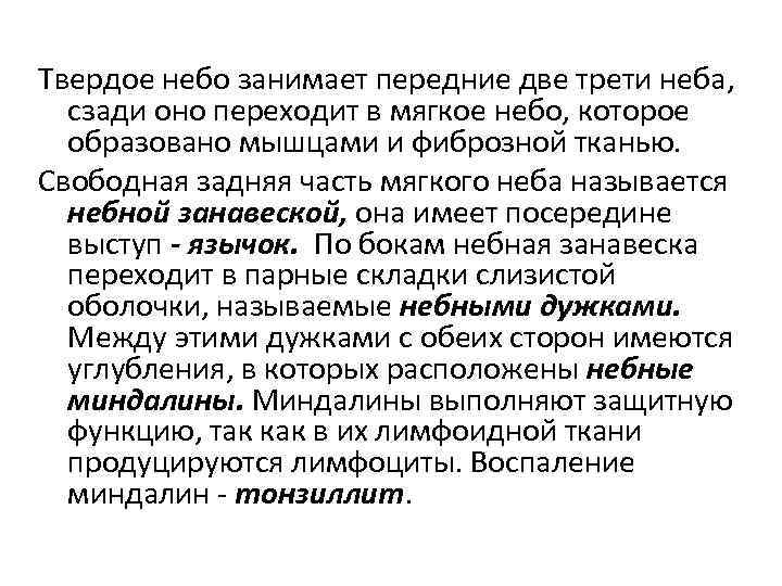 Твердое небо занимает передние две трети неба, сзади оно переходит в мягкое небо, которое