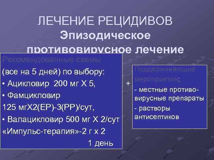 ЛЕЧЕНИЕ РЕЦИДИВОВ Эпизодическое противовирусное лечение Рекомендованные схемы Поддерживающие (все на 5 дней) по выбору: