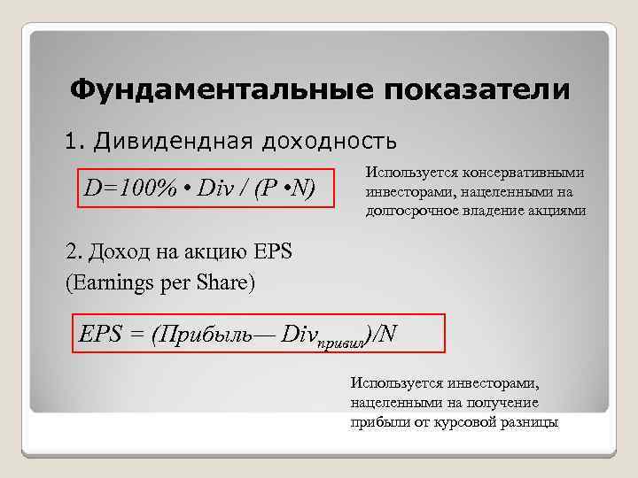 Фундаментальные показатели 1. Дивидендная доходность D=100% • Div / (P • N) Используется консервативными