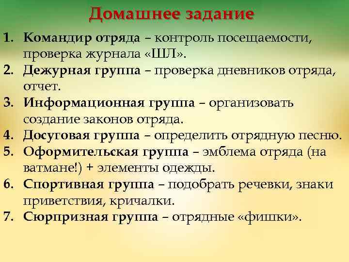 Домашнее задание 1. Командир отряда – контроль посещаемости, проверка журнала «ШЛ» . 2. Дежурная