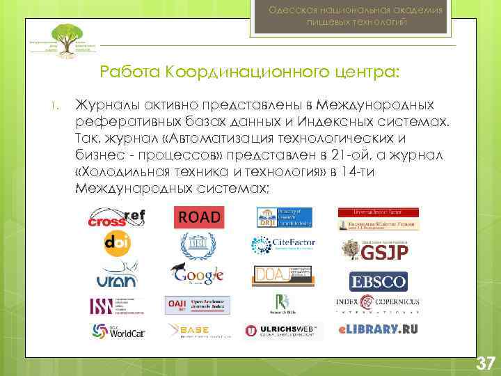 Одесская национальная академия пищевых технологий Работа Координационного центра: 1. Журналы активно представлены в Международных