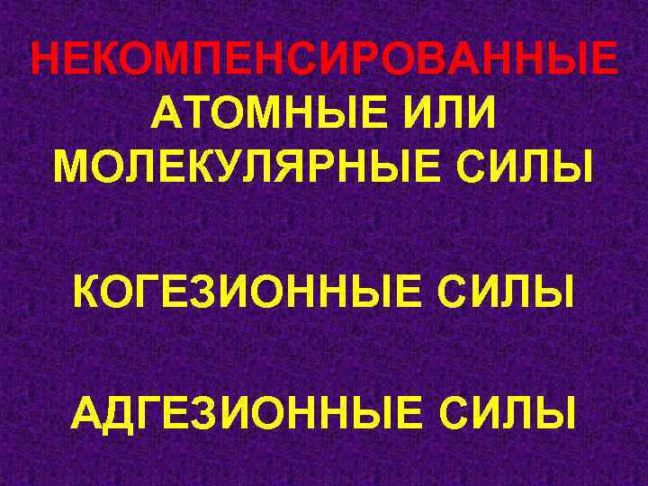 НЕКОМПЕНСИРОВАННЫЕ АТОМНЫЕ ИЛИ МОЛЕКУЛЯРНЫЕ СИЛЫ КОГЕЗИОННЫЕ СИЛЫ АДГЕЗИОННЫЕ СИЛЫ 